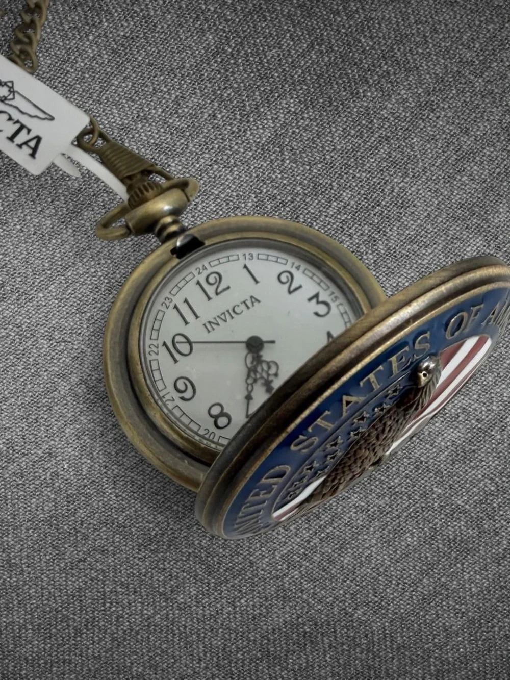 Invicta Patriotic Eagle American Flag Antique Gold Tone Pocket Watch With Chain